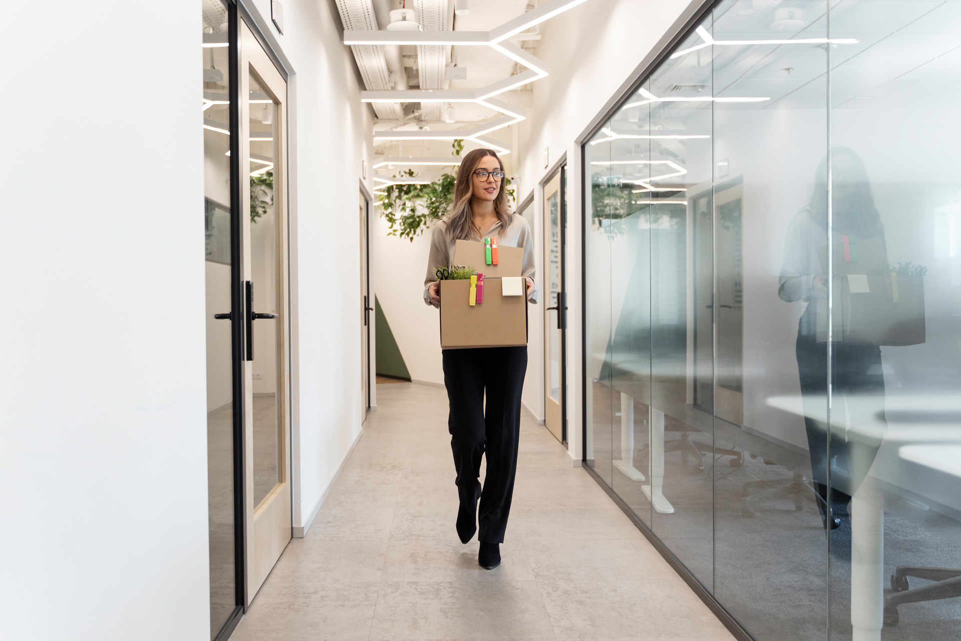 Nobody in office lobby with wooden bench. White wall with column and shelves. Green plants as part of interior. Many chairs behind glassy wall. Business center concept