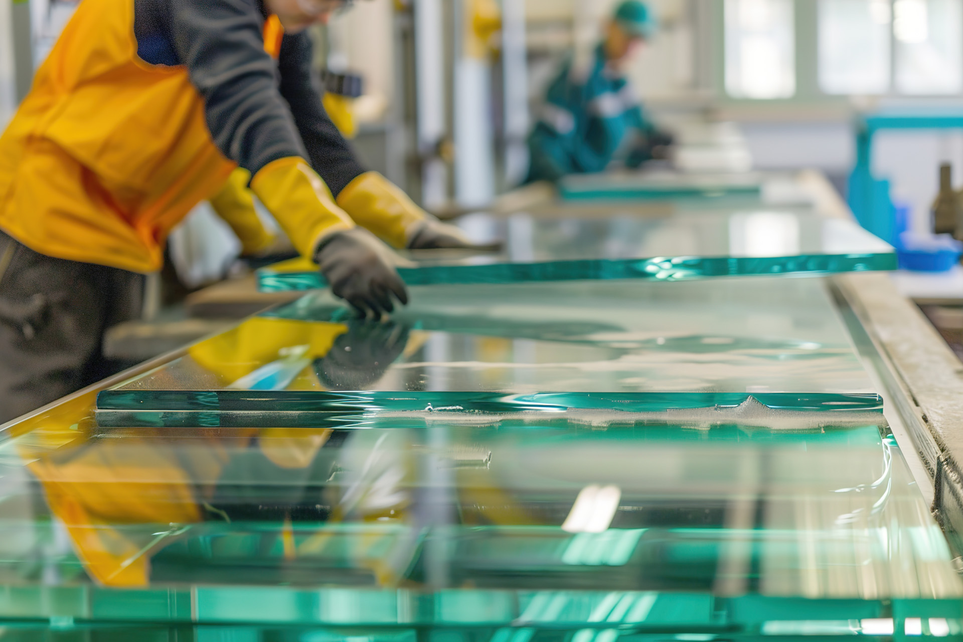 Glass manufacturing factory. Workers in the factory.